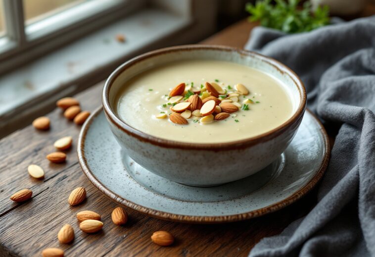 Deliciosa crema de puerros con almendras