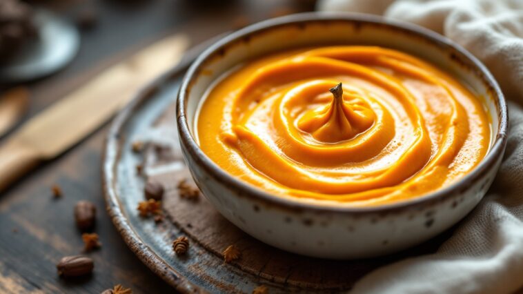 Crema di calabaza e arancia servita in una ciotola