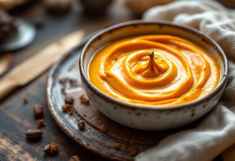 Crema di calabaza e arancia servita in una ciotola