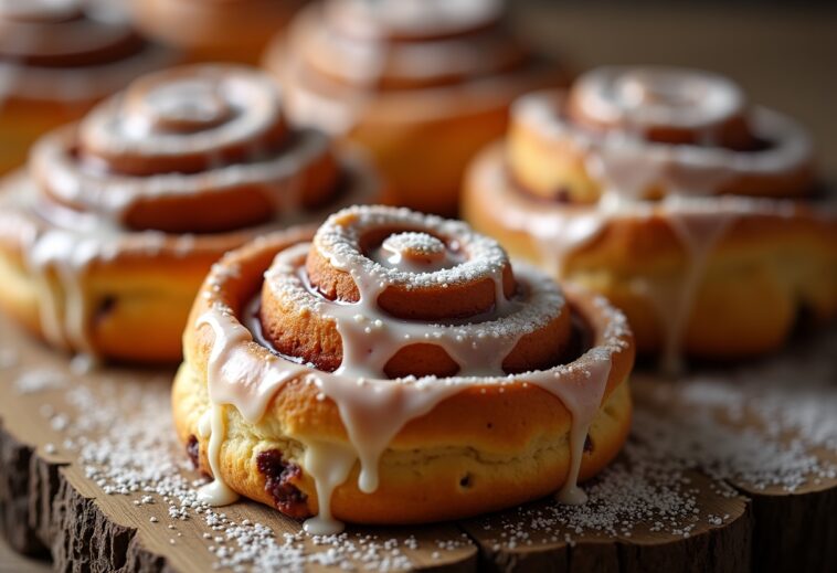 Rolos de canela freschi appena sfornati con glassa