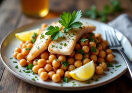 Ensalada de garbanzos con bacalao y vegetales frescos