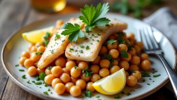 Ensalada de garbanzos con bacalao y vegetales frescos