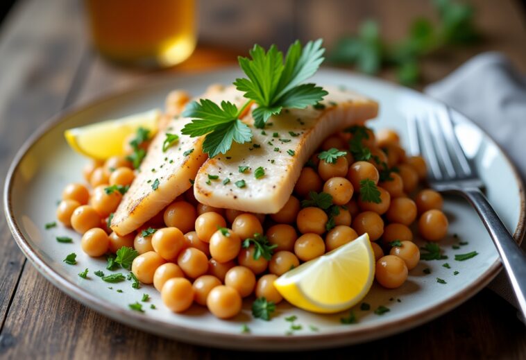 Ensalada de garbanzos con bacalao y vegetales frescos