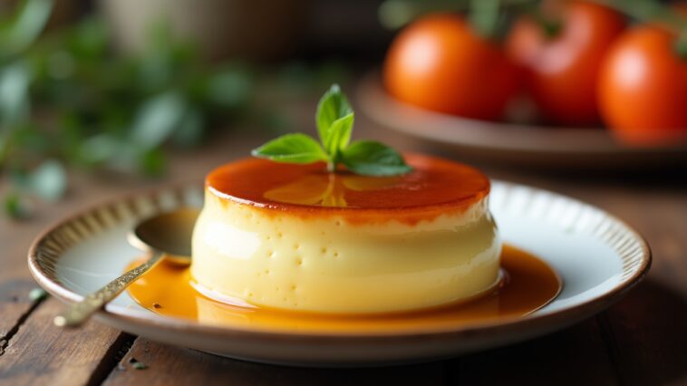 Flan de huevo cremoso decorado con caramello