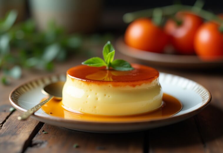 Flan de huevo cremoso decorado con caramello