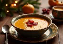 Deliciosa sopa de almendras dulce en un tazón festivo