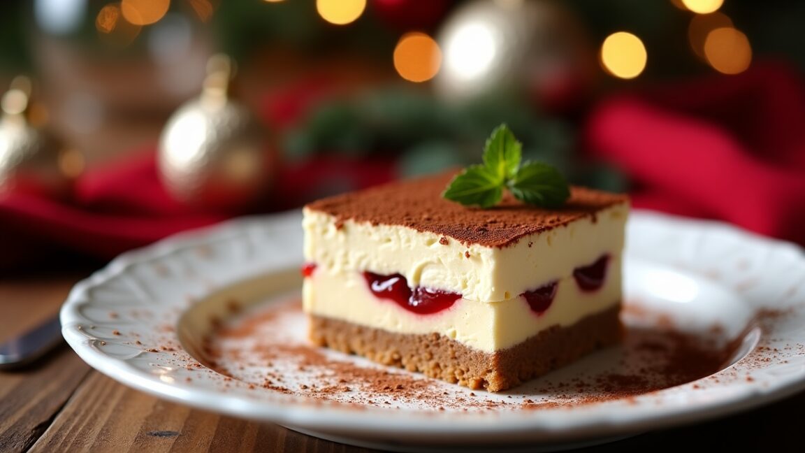 Tiramisú de turrón decorado con cacao y almendras