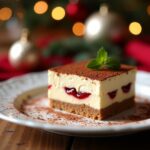 Tiramisú de turrón decorado con cacao y almendras