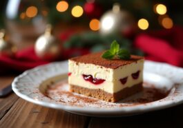 Tiramisú de turrón decorado con cacao y almendras