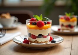 Trifle inglese con strati di crema e frutta fresca