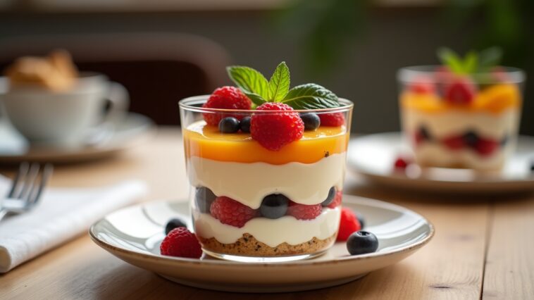 Trifle inglese con strati di crema e frutta fresca