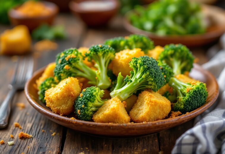 Brócoli rebozado dorado y crujiente en un plato