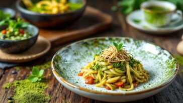 Té matcha en una taza con postres deliciosos