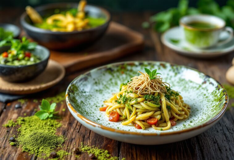 Té matcha en una taza con postres deliciosos