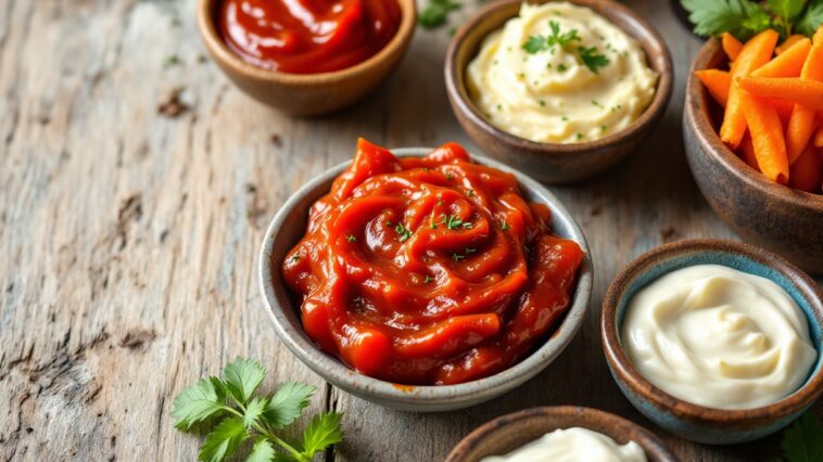 Variedad de salsas para acompañar patatas fritas