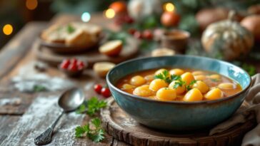 Deliciosa sopa de galets servida en un tazón festivo