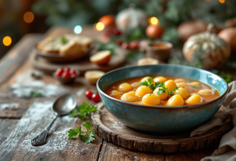 Deliciosa sopa de galets servida en un tazón festivo