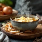 Sopa de cebolla ibérica servida con jamón crujiente