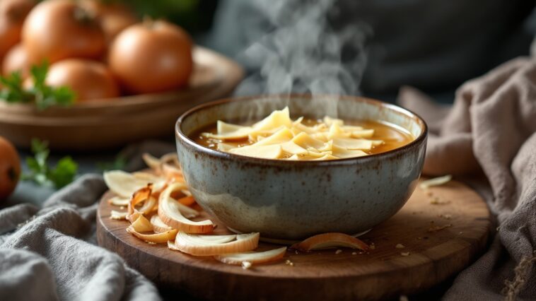 Sopa de cebolla ibérica servida con jamón crujiente