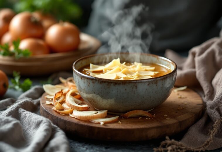 Sopa de cebolla ibérica servida con jamón crujiente