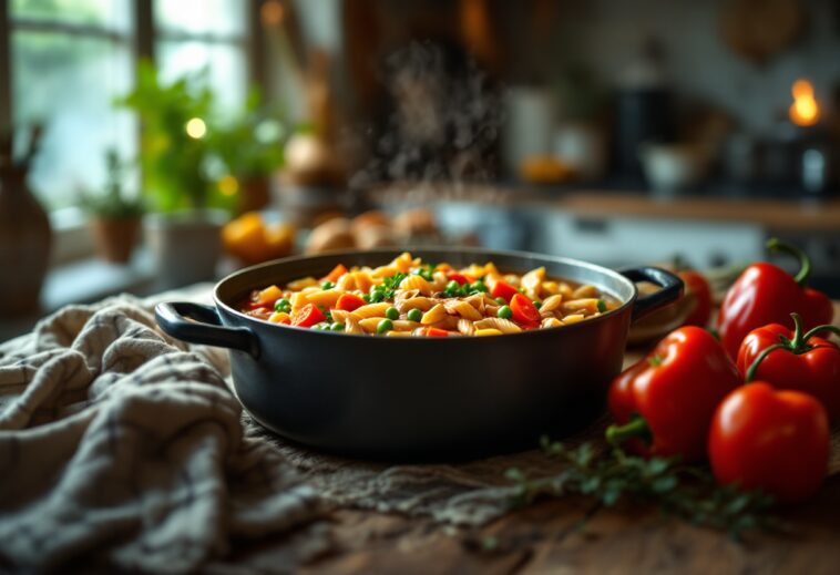 Sopa de pasta con pollo y verduras en un tazón