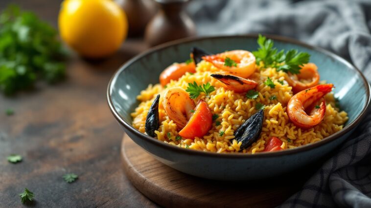 Piatto di arroz caldoso con almejas e calamares freschi