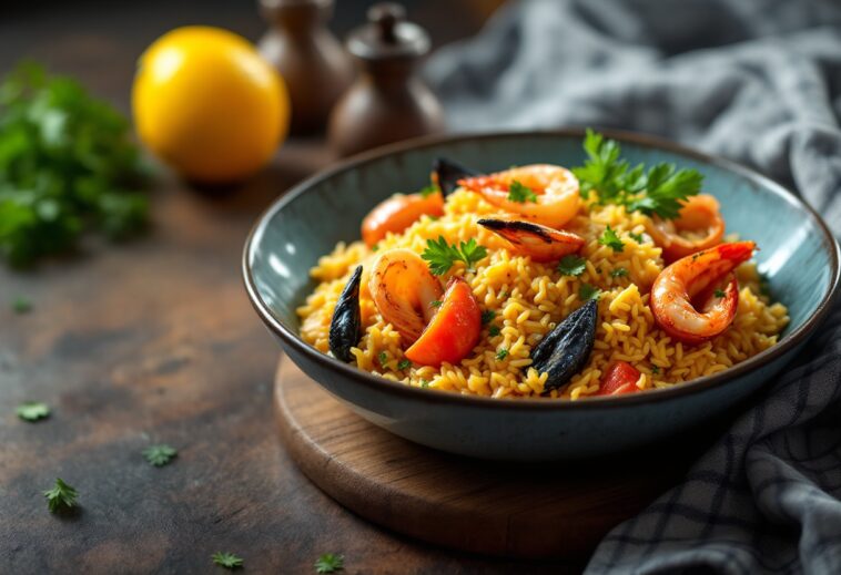 Piatto di arroz caldoso con almejas e calamares freschi