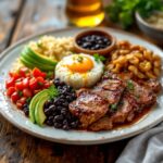 Bandeja paisa con fagioli, carne e avocado