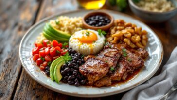 Bandeja paisa con fagioli, carne e avocado