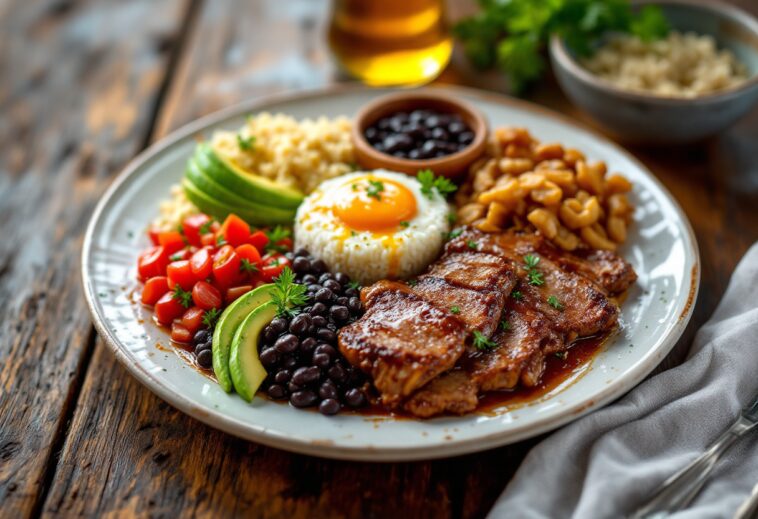 Bandeja paisa con fagioli, carne e avocado