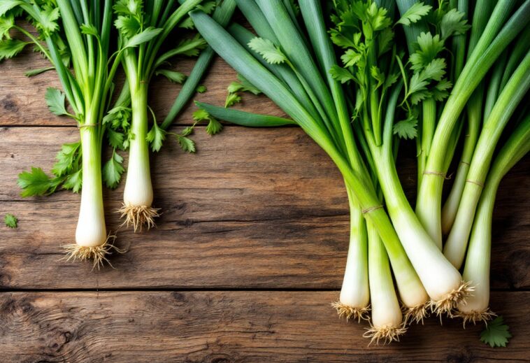 Puerro fresco sobre una superficie di cucina