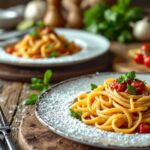 Pasta italiana servita con salsa e ingredienti freschi