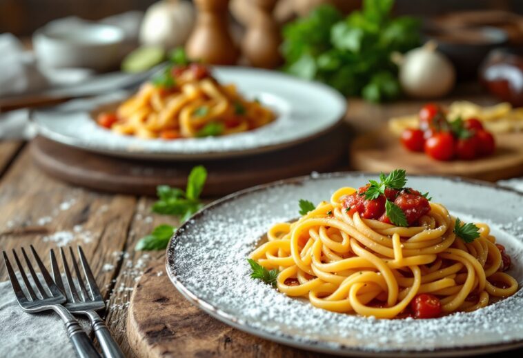 Pasta italiana servita con salsa e ingredienti freschi