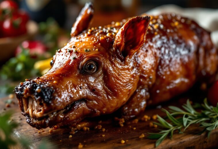 Cochinillo al horno dorado y crujiente en una mesa