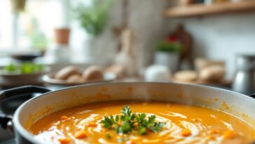 Tazza di crema di zanahoria e puerros calda e invitante