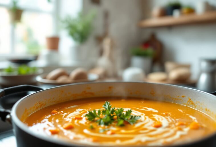 Tazza di crema di zanahoria e puerros calda e invitante