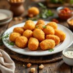 Croquetas dorate servite su un piatto con salsa