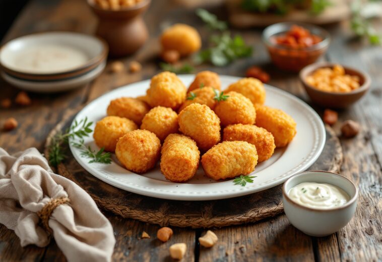 Croquetas dorate servite su un piatto con salsa