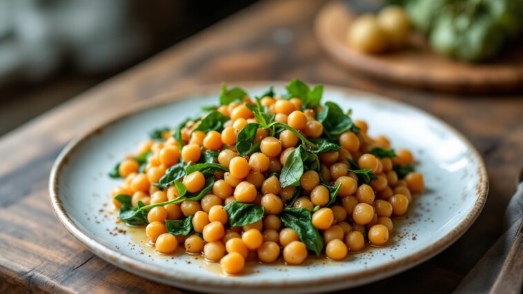 Piatto di espinacas con garbanzos freschi e colorati