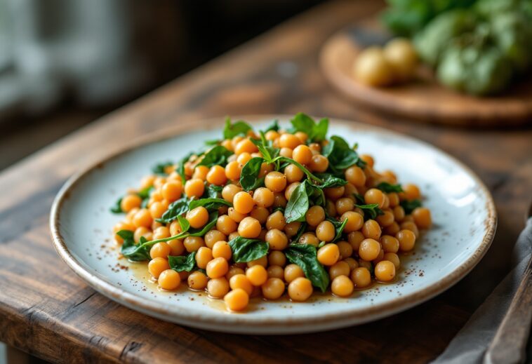 Piatto di espinacas con garbanzos freschi e colorati