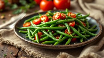 Piatto di judías verdes con pomodoro fresco