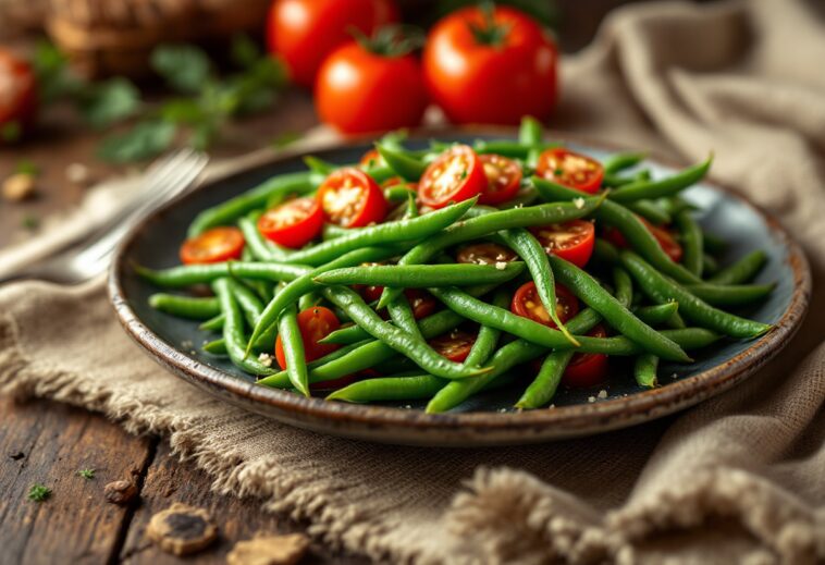 Piatto di judías verdes con pomodoro fresco