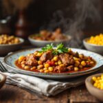 Locro argentino servito in una ciotola con ingredienti freschi