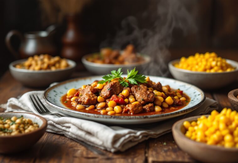 Locro argentino servito in una ciotola con ingredienti freschi