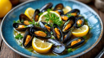 Mejillones en escabeche servidos con limone