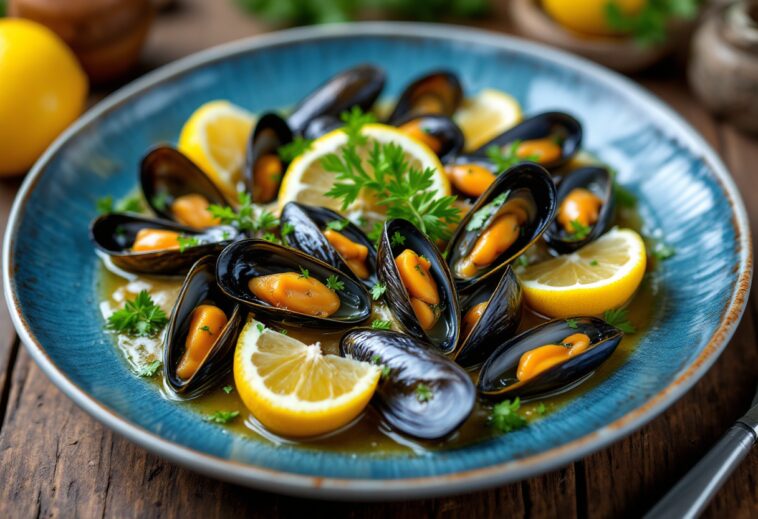 Mejillones en escabeche servidos con limone