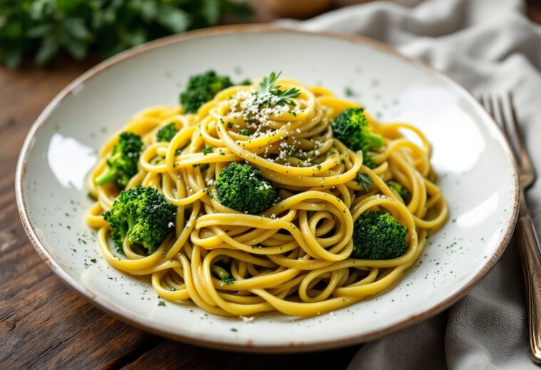 Pasta con brócoli y pesto servita in un piatto