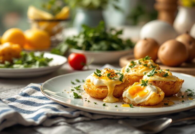 Patatas rellenas de huevo recién horneadas y doradas