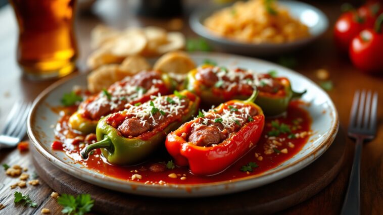 Pimientos rellenos de salchichas listos para servir