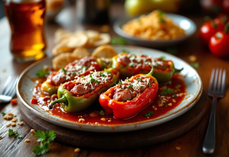 Pimientos rellenos de salchichas listos para servir